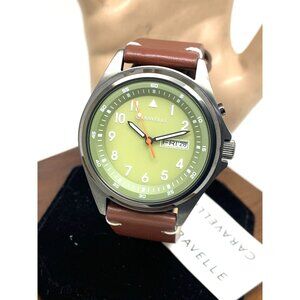 Caravelle by Bulova Men's Watch 45C119 Quartz Green Dial Day Date Brown Leather